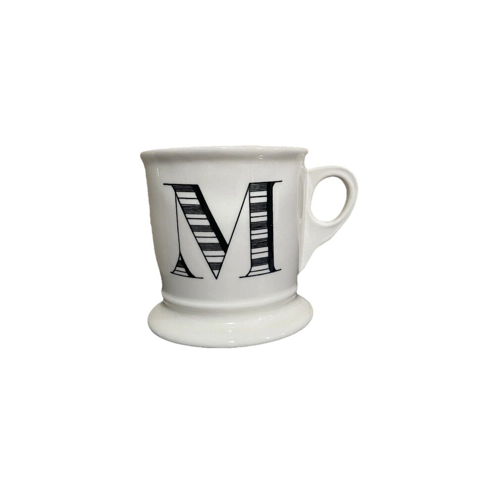 Anthropologie Coffee Mug Monogram Letter M Black White Shaving Style Cup EUC